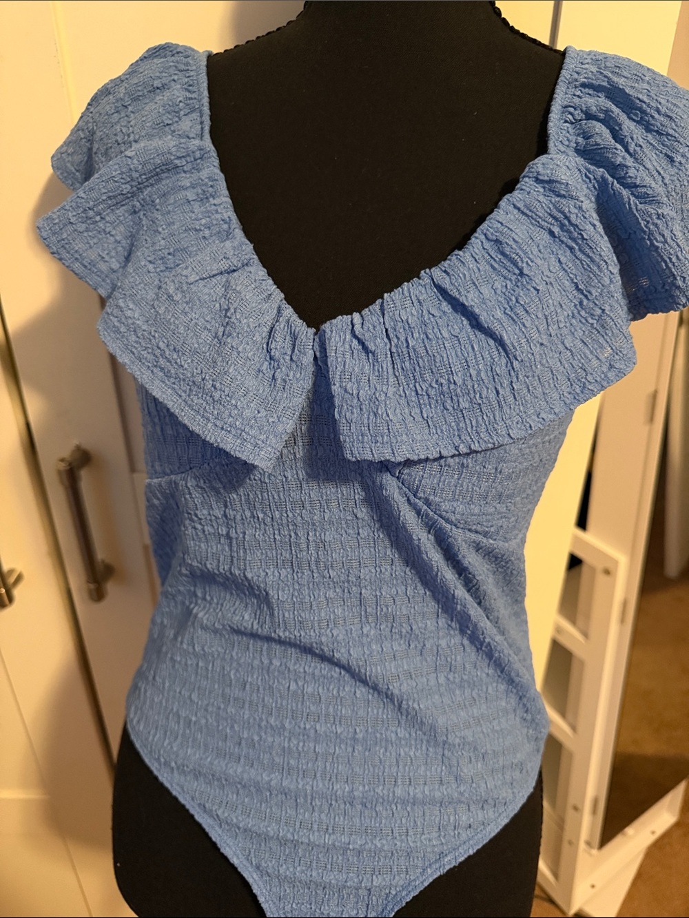 Francesca's Collections Sky Blue Ruffle V-Neck Textured Bodysuit